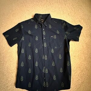 Navy Blue Leaf Print Men's Shirt